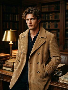 International Male Mens XL Tan Corduroy Double Breasted Pea Coat Rare Y2K Iconic